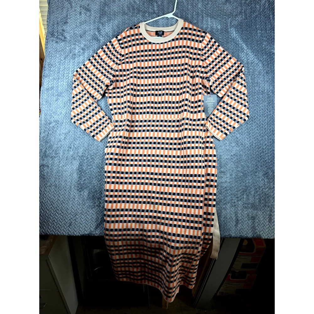 June & Vie Faux Wrap Sweater Midi Dress Womens L Multicolor Plaid Belted New